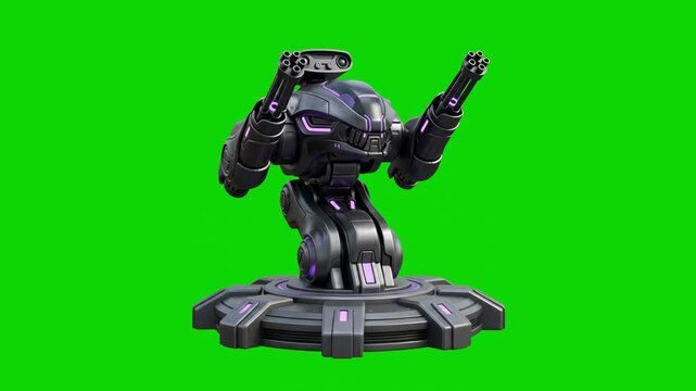Detailed 3D model of a dark futuristic combat turret weapon platform with purple accents, isolated on a bright green screen chroma key background. Perfect for sci-fi video game VFX, military futuristi