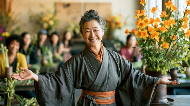 Master ikebana artist in a welcoming pose with students at flower arrangement tables behind. Concept of ikebana masterclass.