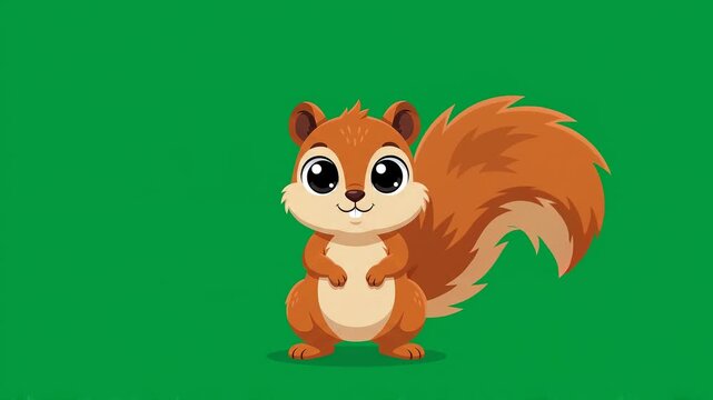 Cute cartoon squirrel wagging its fluffy tail on green screen