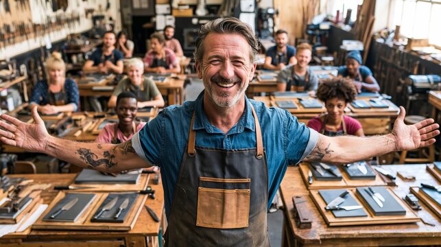 Master knife sharpener in a welcoming pose with students at sharpening stations behind. Concept of knife sharpening masterclass.