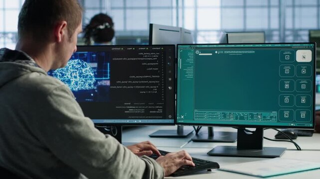 Data center technician in data center building text to image AI generator while connecting AI software development, prompt based creation and technical collaboration.