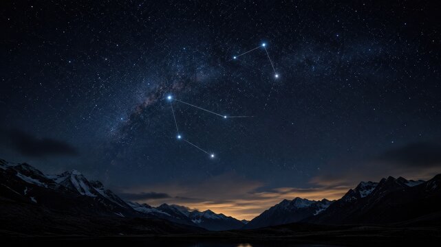 Starry night sky over mountain landscape at dusk. Milky Way galaxy and twilight horizon with dramatic clouds and peaks
