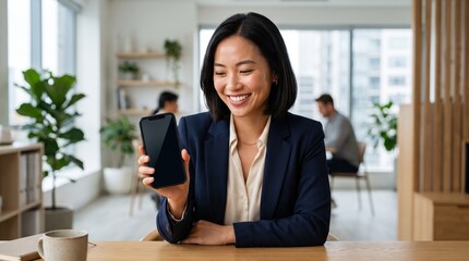 Fototapeta premium Smiling Asian Businesswoman Showing Blank Smartphone Screen in Modern Office