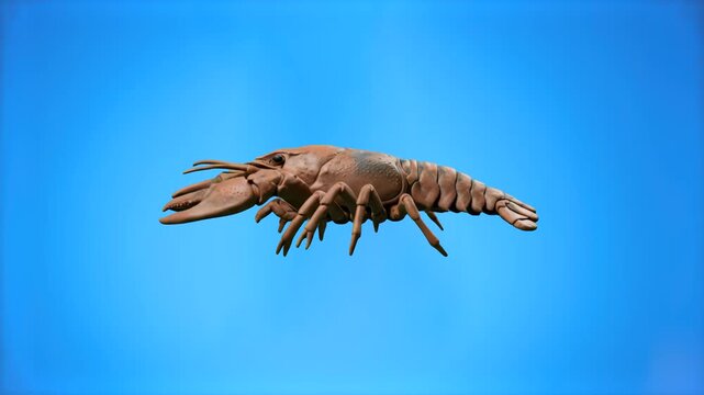 A detailed 3D model of a brown freshwater crayfish (crawfish) with claws and long antennae moving, isolated against a solid blue studio backdrop. Suitable for wildlife documentaries, seafood restauran