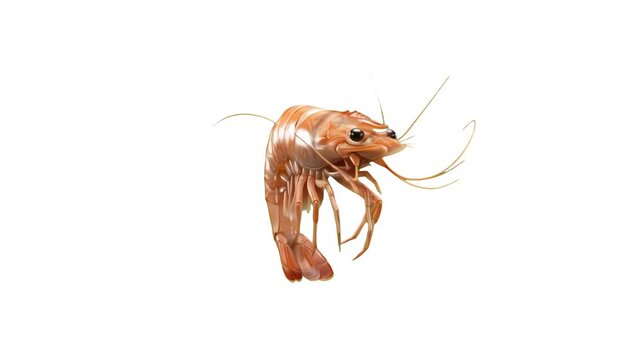 Detailed 3D render of a fresh raw whole shrimp featuring transparent shell texture and long whiskers, isolated on a clean white background with a subtle drop shadow. Great for seafood packaging design