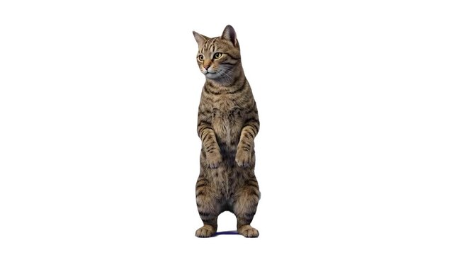 Cute tabby domestic cat standing upright on two back paws in curiosity, isolated on a clean white background. Perfect for pet food packaging, veterinary promos, funny pet social media graphics, cat pr