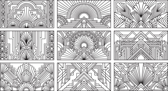 A collection of nine rectangular deco frames and decorative panels featuring sunbursts, geometric lines, and symmetrical patterns