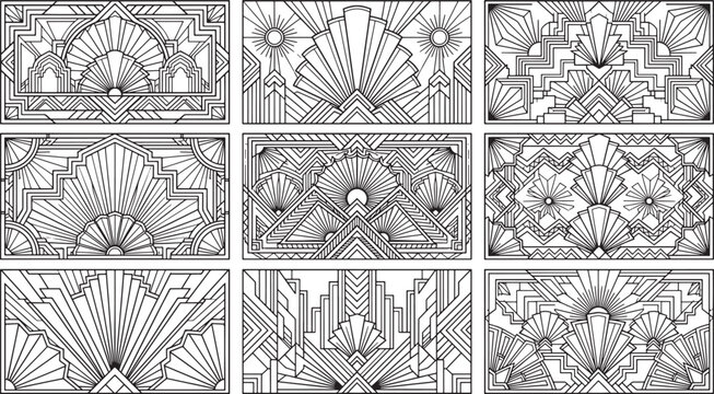A set of nine rectangular deco decorative panels featuring stylized sunbursts, geometric architectural lines, and symmetrical motifs