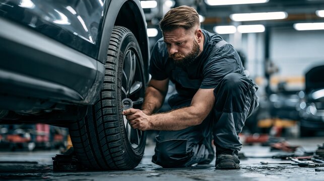 Mechanic kneeling beside a tire pressing a tread gauge with a wondering expression. Concept of tire wear automotive consultation.