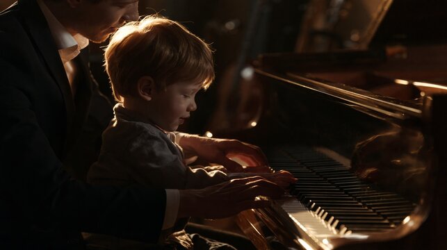 Music teacher guiding a child's hands on piano keys in a studio. Concept of children's piano masterclass.
