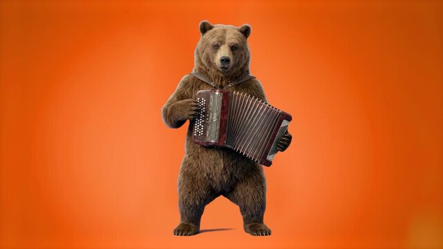 Humorous 3D cartoon bear standing and playing a vintage accordion musical instrument, set against a warm vibrant orange background. Ideal for music entertainment promos, comedy video clips, folk festi