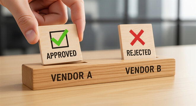 Vendor selection concept with wooden blocks, hand choosing approved vendor A over rejected vendor B, business procurement process