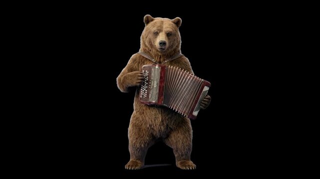 A funny 3D brown bear standing upright and playing a red accordion, isolated against a dark backdrop. Ideal for circus themes, music clips, folklore promos, comedy videos, and high-contrast overlays.