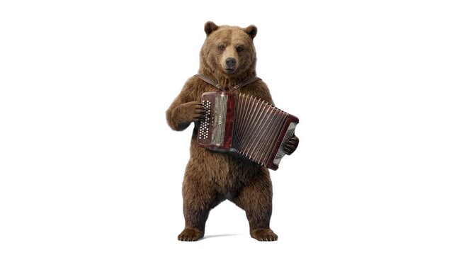 A funny 3D brown bear standing upright and playing a red accordion isolated on a clean white backdrop. Ideal for circus concepts, music promotions, folk themes, comedy videos, and graphic design overl