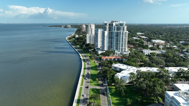 Aerial drone view of Bayshore Boulevard in Tampa's Hyde Park, featuring luxury high-rise condos, palm-lined roads, and the sparkling waters of Hillsborough Bay.