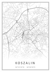Czarno-biała mapa Koszalin, plakat, tapeta, Polska © Marek