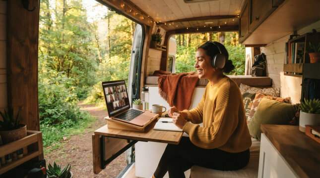 Remote worker on laptop video call inside converted campervan, open back doors revealing forest landscape, small foldable desk with laptop, cushions and blanket, string lights overhead, natural day