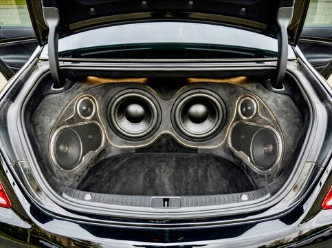 Custom Car Audio System with Dual Subwoofers in Open Black Trunk During The Daytime 