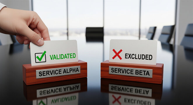 Service Alpha validated and Service Beta excluded signs on office desk, business decision concept, hand choosing approved option