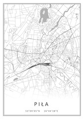 Czarno-biała mapa Piła, plakat, tapeta, Polska © Marek