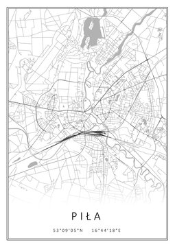 Czarno-biała mapa Piła, plakat, tapeta, Polska