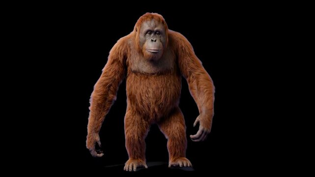 High-contrast 3D render of a large reddish-brown orangutan standing in full view, isolated against a solid pitch-black background. Ideal for cinematic nature teasers, dark wildlife documentaries, exot