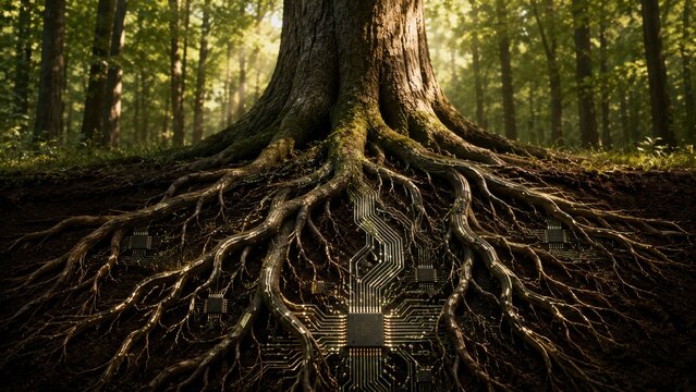 Massive tree roots spreading across forest floor in golden sunlight. Ancient woodland nature scene with intricate root network and dappled lighting...