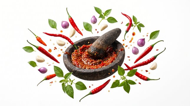 Traditional Indonesian Sambal in Stone Mortar Floating on White