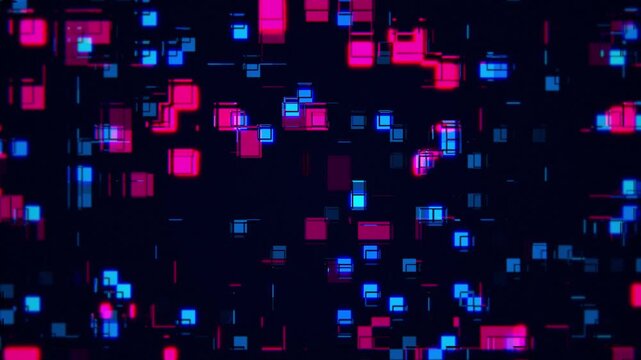 Bright vibrant abstract background with a pattern of flashing red and blue neon colored shapes. Full HD and looping animation.