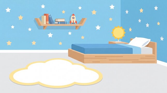 Modern kid bedroom interior with blue starry wallpaper and cloud rug