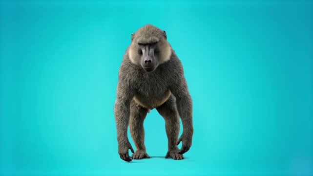 A 3D baboon monkey standing facing forward against a smooth turquoise cyan background. Perfect for commercial graphics, animal illustrations, and nature presentations.
