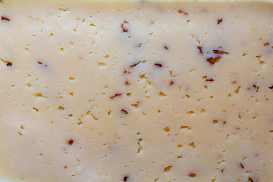 Delicious piece of aged cheese with small brown bits embedded in texture
