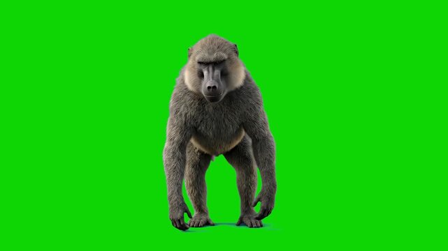 Detailed 3D render of a baboon primate standing in forward view, isolated on a bright green screen chroma key background. Excellent for African safari documentaries, wild animal video overlays, zoolog