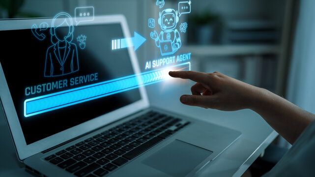 Digital Interaction Between Customer Service and AI Support Agent with Touchscreen Technology in Modern Workspace Setup. Liminal.