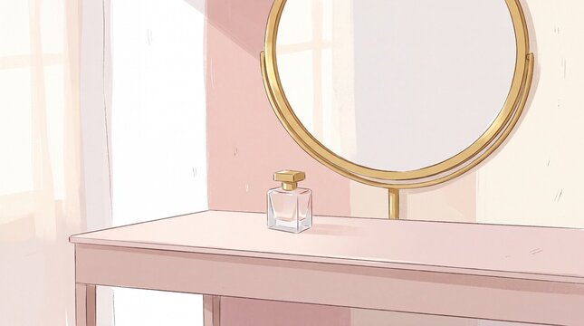 Perfume bottle on a vanity table with a round gold mirror in a room