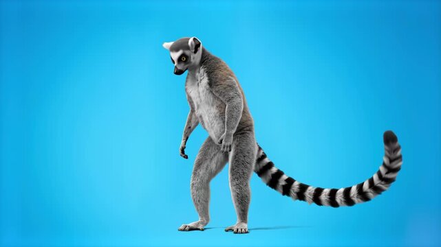 Detailed 3D model of a ring-tailed lemur standing isolated against a vibrant cyan light blue background. Great for tropical nature promos, zoo marketing materials, wildlife presentations, educational 