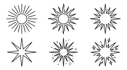 Obraz premium A collection of black and white line art icons depicting various sun and starburst shapes, suitable for graphic design elements.