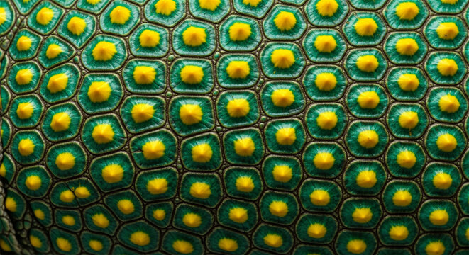 Exotic reptile skin texture, macro photo of green and yellow lizard scales, natural geometric pattern background