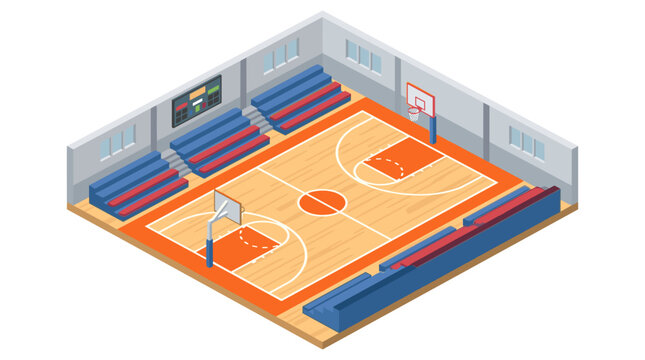 An isometric illustration depicts an empty indoor basketball court with wooden flooring, orange and white markings, two hoops, and blue and red spectator stands on either side, all under a bright, cle