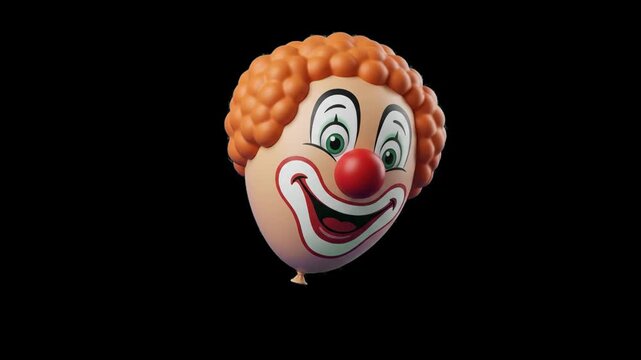 A 3D clown face latex balloon with red curly hair and a big smile floating, isolated against a solid black backdrop with studio lighting. Excellent for circus themes, party event promos, Halloween gra
