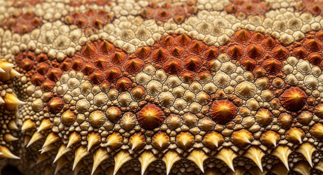 Spiny lizard skin texture macro, detailed bearded dragon scales background, natural reptile armor pattern in brown and gold