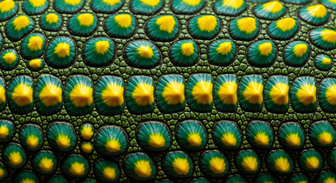 Chameleon skin texture macro, green and yellow reptile scales pattern, exotic lizard skin close up