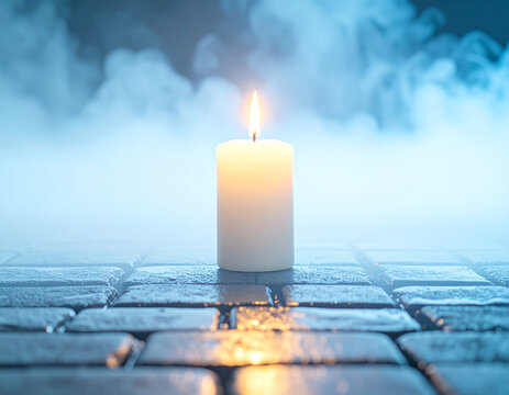 Halloween Wallpaper Candle Eerie Lit White Candle on Wet Cobblestone Street at Night With Atmospheric Blue Smoke And Soft Glowing Light Reflection For Tranquility