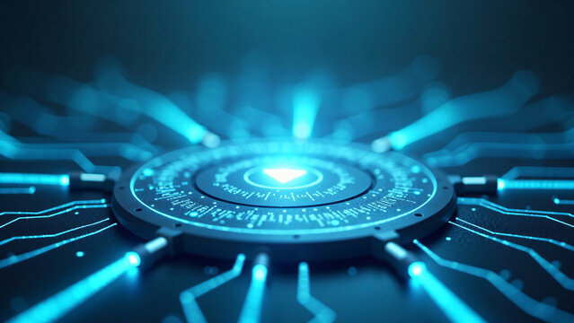 Glowing cyber defense barrier with digital connections surrounds network hub in cool blue and light gray