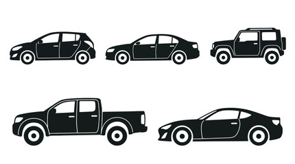 Fototapeta premium Collection of diverse black car silhouettes on a white background, showcasing different vehicle types.