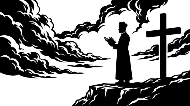 A priest in cassock and biretta stands on a cliff edge reading from a book, with a large cross silhouetted against a dramatic, cloudy sky.