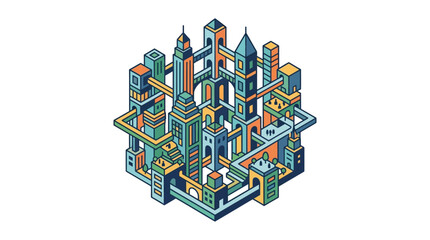 Clean Isometric of Colorful Architectural Maze with Medieval Towers Bridges and Buildings with high quality professional line art symbols for modern creative design and digital branding projects © Iko