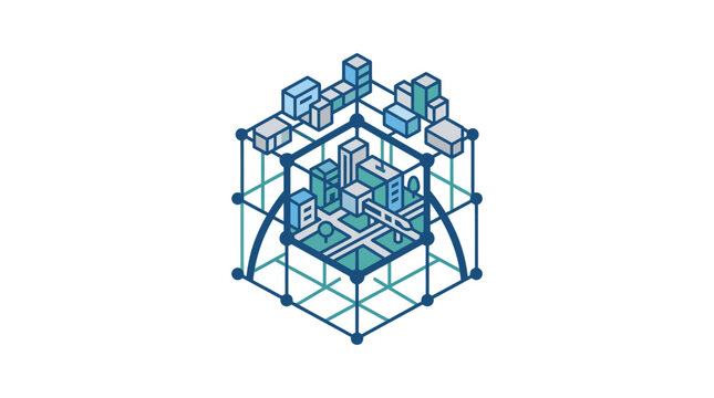 Clean Isometric of Blockchain Network with Cubes and Connecting Nodes in Blue and Teal with high quality professional line art symbols for modern creative design and digital branding projects