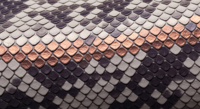 Exotic snakeskin texture background, luxury python leather pattern with metallic copper stripe, elegant reptile skin close up