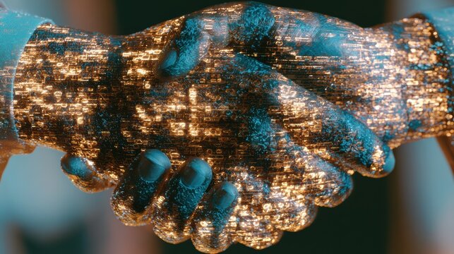 Hands meet in a handshake while an encrypted light pattern flows through the grip in a symbolic moment of trust and connection.
